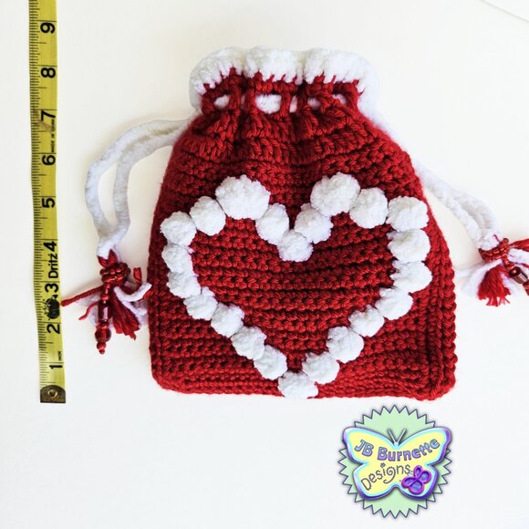 Crochet Heart Bag, Drawstring Pouch with Beaded Accents, Wristlet with 3D Hearts - Picture 5 of 9
